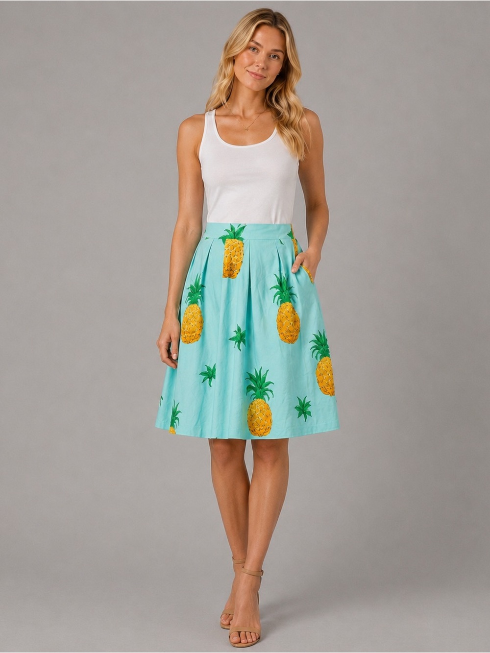 Talbots RSVP Blue Pleated Skirt Pockets Midi Pineapple Tropical Beachy Size 12